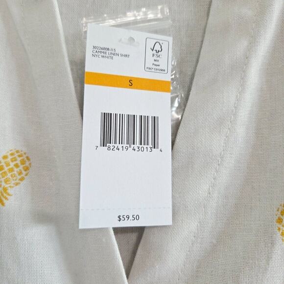 Nine West Linen Viscose White Shirt, Pineapple Print, Collarless V-Neck Roll Tab - Picture 8 of 9